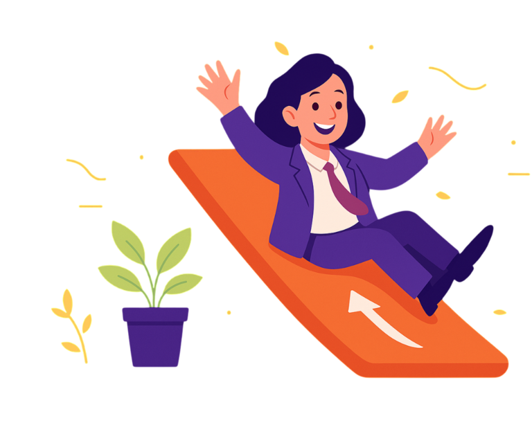 Ilustração de uma mulher sorridente de terno roxo segurando um grande cartão laranja com um ícone de play, sobre um fundo roxo